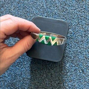 Silver Bracelet with Green Inlay Zigzag Design
